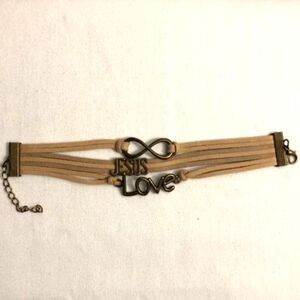 Love Jesus Infinity Tan Vegan Leather Wrap Charm Bracelet